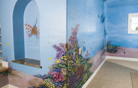 Sally Eckert residential reef mural with fish , dolphines, turtles